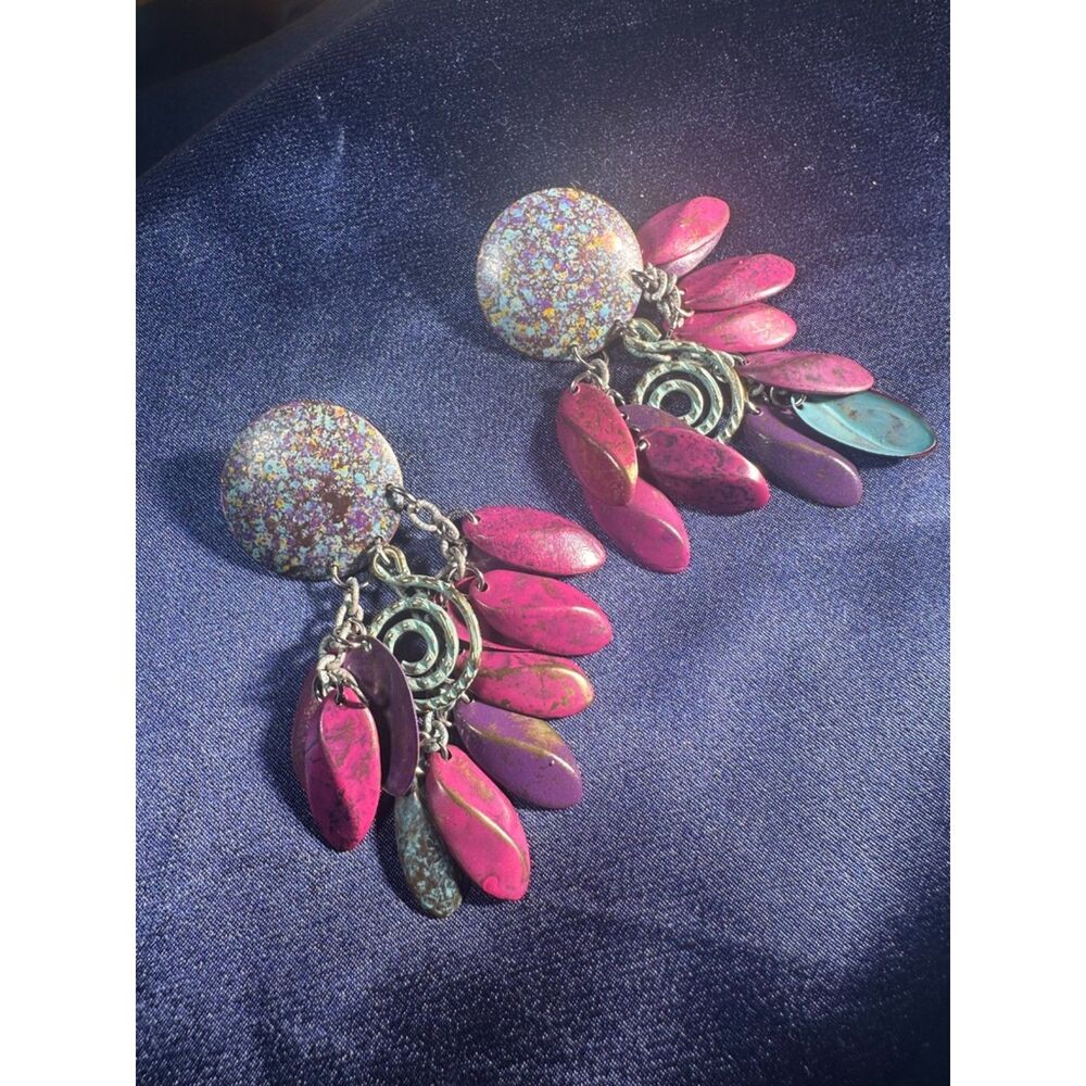 Vintage 1990s Colorful Boho Statement Dangle Earrings Art Jewelry